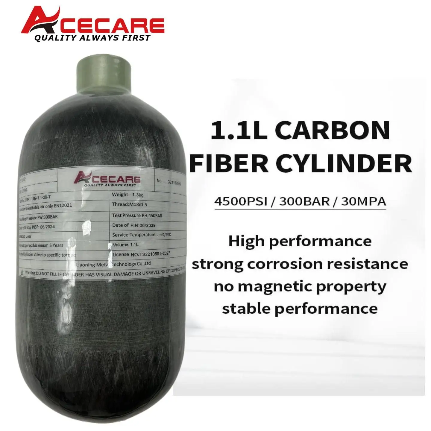 ACECARE 4500psi 300bar 30mpa 1.1L cilindro in fibra di carbonio CE Mini Scuba bombola HPA bottiglia serbatoio ad alta pressione M18 * 1.5