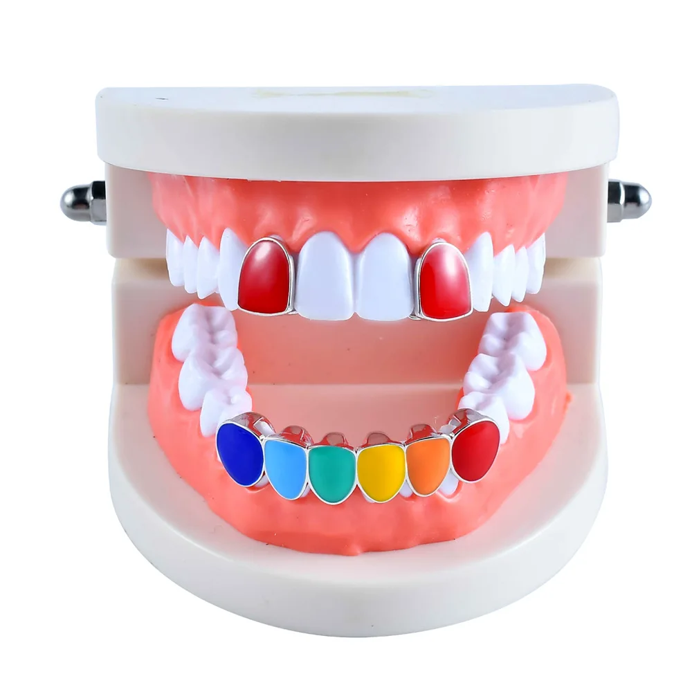 Multi Color Drip Oil CZ denti Grillz Caps Cubic zircone Iced Out MicroTop & Bottom Charm Grills per uomo donna gioielli regalo di natale