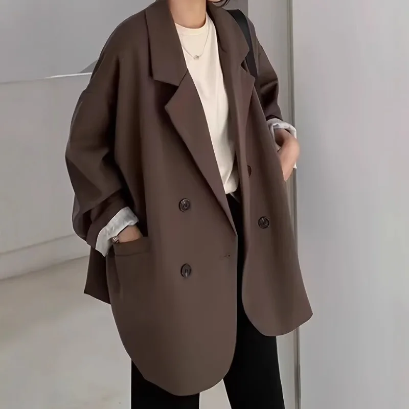 Women Suit Blazer Elegant Coat 2026 Spring Autumn Fashion Korean Blazer Ladies Double Breasted Solid Tops Korean Long Streetwear
