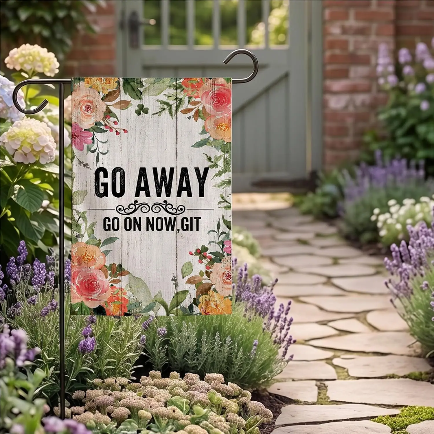 Funny Garden Flag 12x18 Double Sided - Go Away Go on Now Git Small Yard Flag with Double Stitched Burlap, Fade Resistant Out yyi