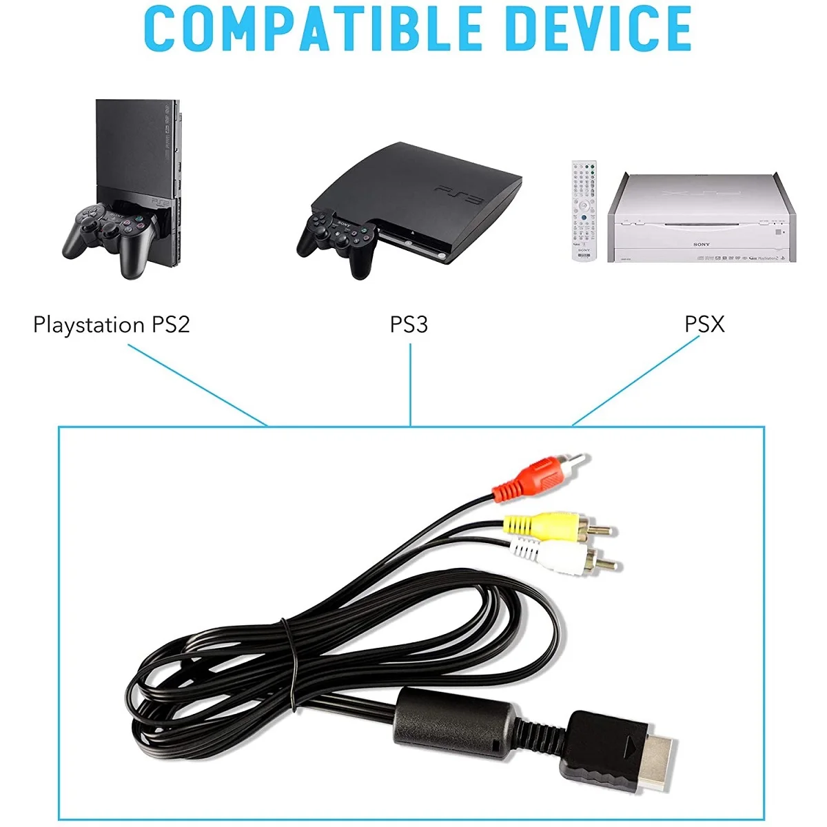 6ft AV Cable for PS2 PS1 PS3, AV to RCA Composite Audio Video TV Cord Compatible with Playstation 1 2 3