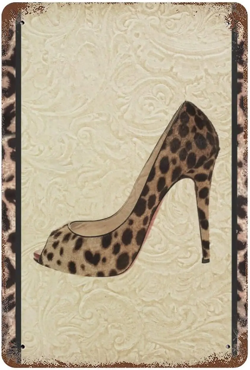 Vintage Leopard Print High Heels Tin Metal Sign Vintage Sign Wall Decor Funny Decoration for Home Kitchen Bar Room Garage V sign