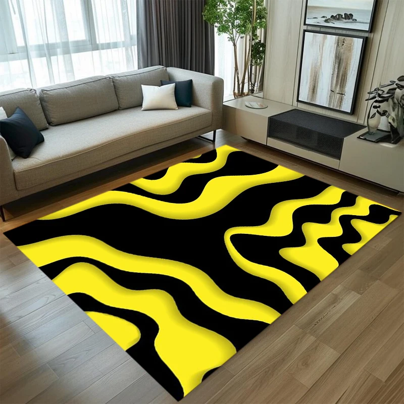 Black Yellow Wave Pattern Visual Illusion Carpet Rug Mat Home Decoration Modern Geometric Curved Design Abstract Floor Mat