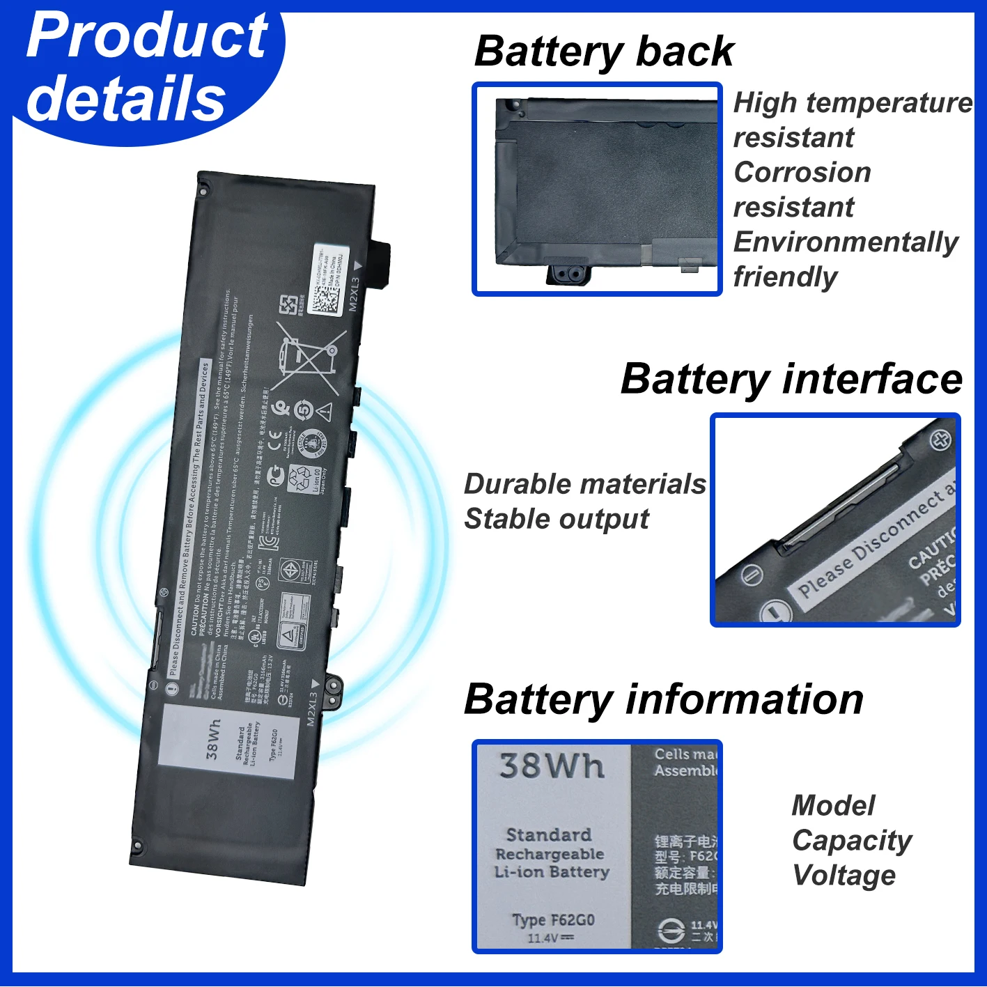 New 11.4V 38WH F62G0 RPJC3 Laptop Battery For Dell Inspiron 13 7386 2-in-1 5370 7370 7380 7373 Vostro 5370 RPJC3 P91G P83G P87G 
