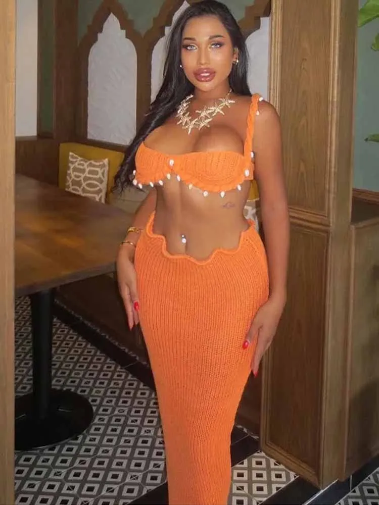 세련된 니트 비키니 조끼 스커트 세트 여성 쉘 트위스트 스트랩 백리스 자르기 탑 힙합 패키지 스플릿 롱 스커트 2 피스 비치 의상