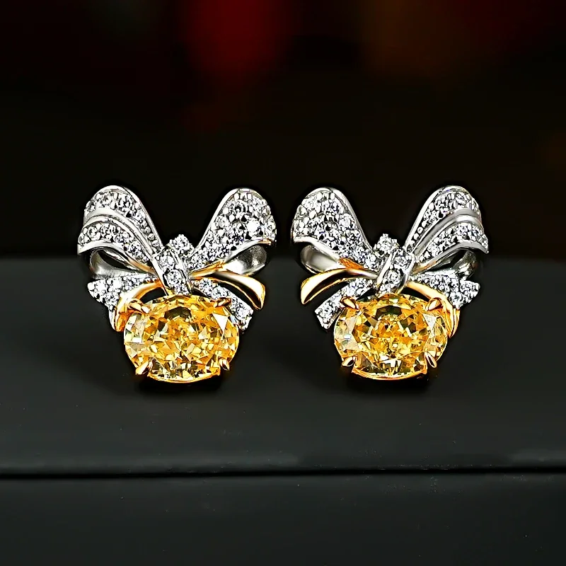 Light luxury bow ribbon yellow diamond earrings egg shaped 925 silver earrings with a high-end feel and micro inlay