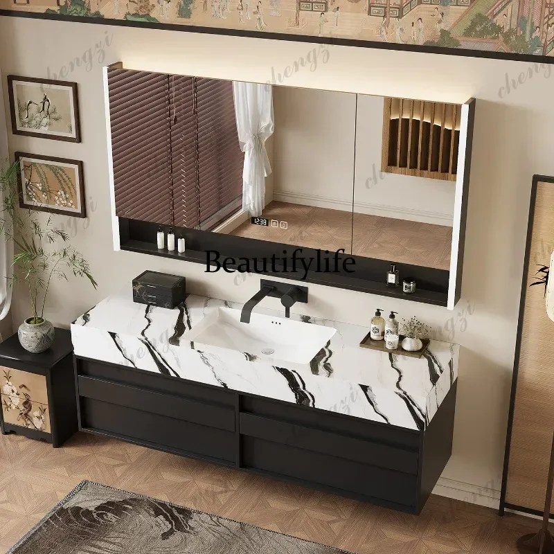 New Chinese rock slab seamless ceramic basin bathroom rubber wood paint-free bathroom cabinet washstand customization  a17
