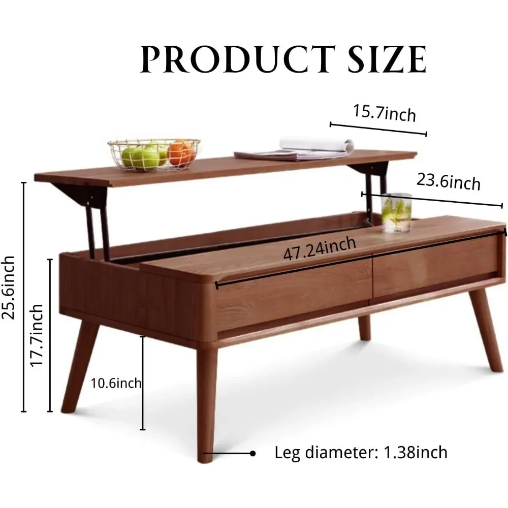 Table basse relevable en chêne massif avec compartiment GNE et étagère de rangement, table à manger et bureau de salon, 100% po, 47.24