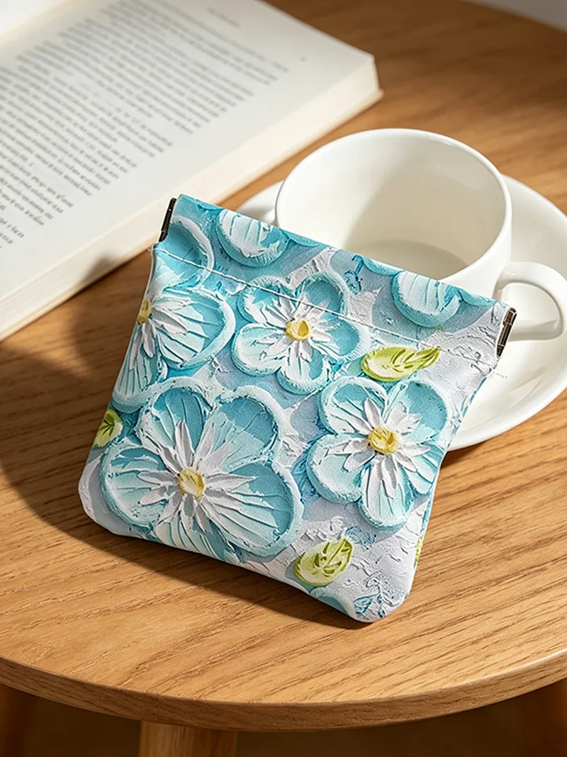 Immagine 6: BUYLEMO Borsa portaoggetti in PU con chiusura automatica, motivo floreale dipinto a olio, portatile con chiusura a scatto per auricolari e monete