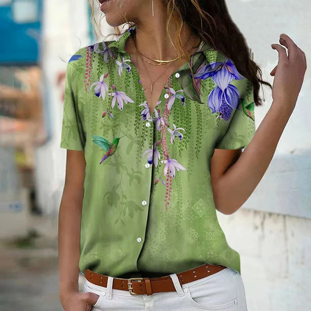 Short Sleeve Floral Pattern Women Casual Shirts Summer 3D Flower Print Street Ladies Blouse 3XL Plus Size Turn-down Collar Shirt
