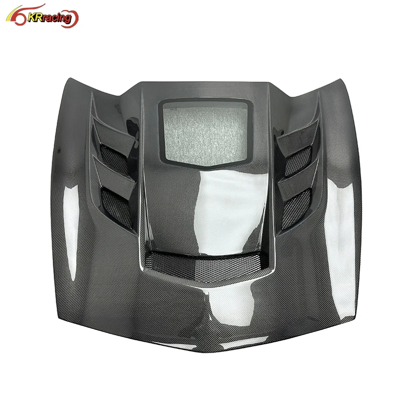 High-quality KR-1 Style Glossy Carbon Fiber Car Hood Bonnet With Glass For Chevrolet Corvette C7 Z06