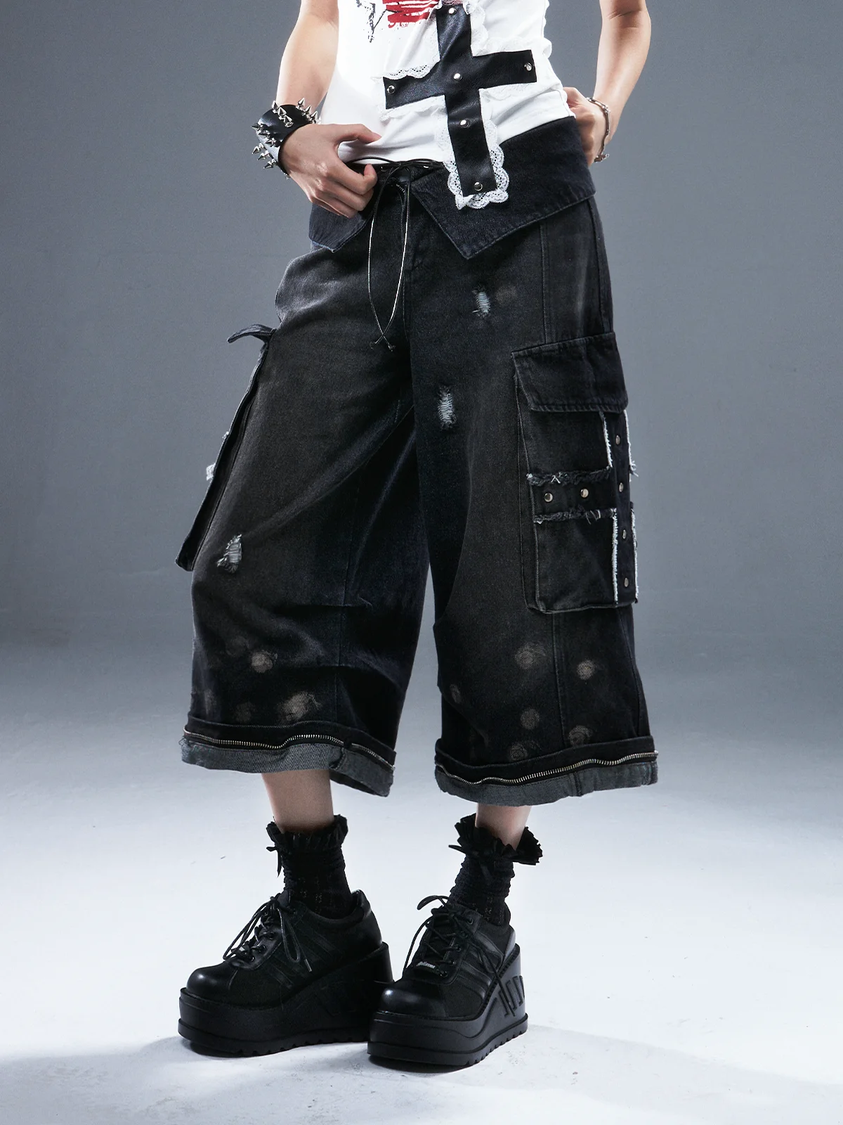 

Loose Wide Leg Jeans Punk Crosswashing Hole Punching Belted Denim Jeans Casual Style Spring Summer Women's Premium Fashion
