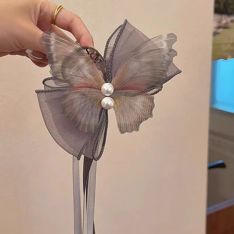 Mesh Butterfly Hair Clip for Woman Sweet Tassel Ribbon Shark Clip Cute Girl Back of The Head Hair Clamp