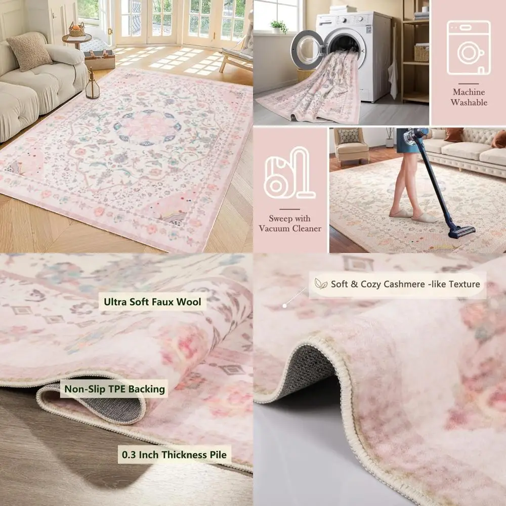 

Vintage 5x7 Light Pink Faux Wool Area Rug with Non-Slip Backing, Foldable and Machine Washable for Living Room