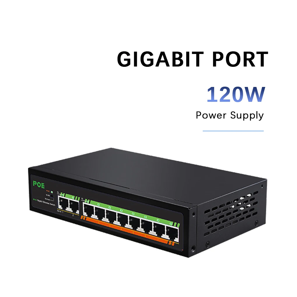 Gigabit Switch 8 Port 10/100/1000Mbps POE Switch 2 Port 1000Mbps Uplink Ethernet Switch 52V 120W Bulit-in Power Supply with VLAN