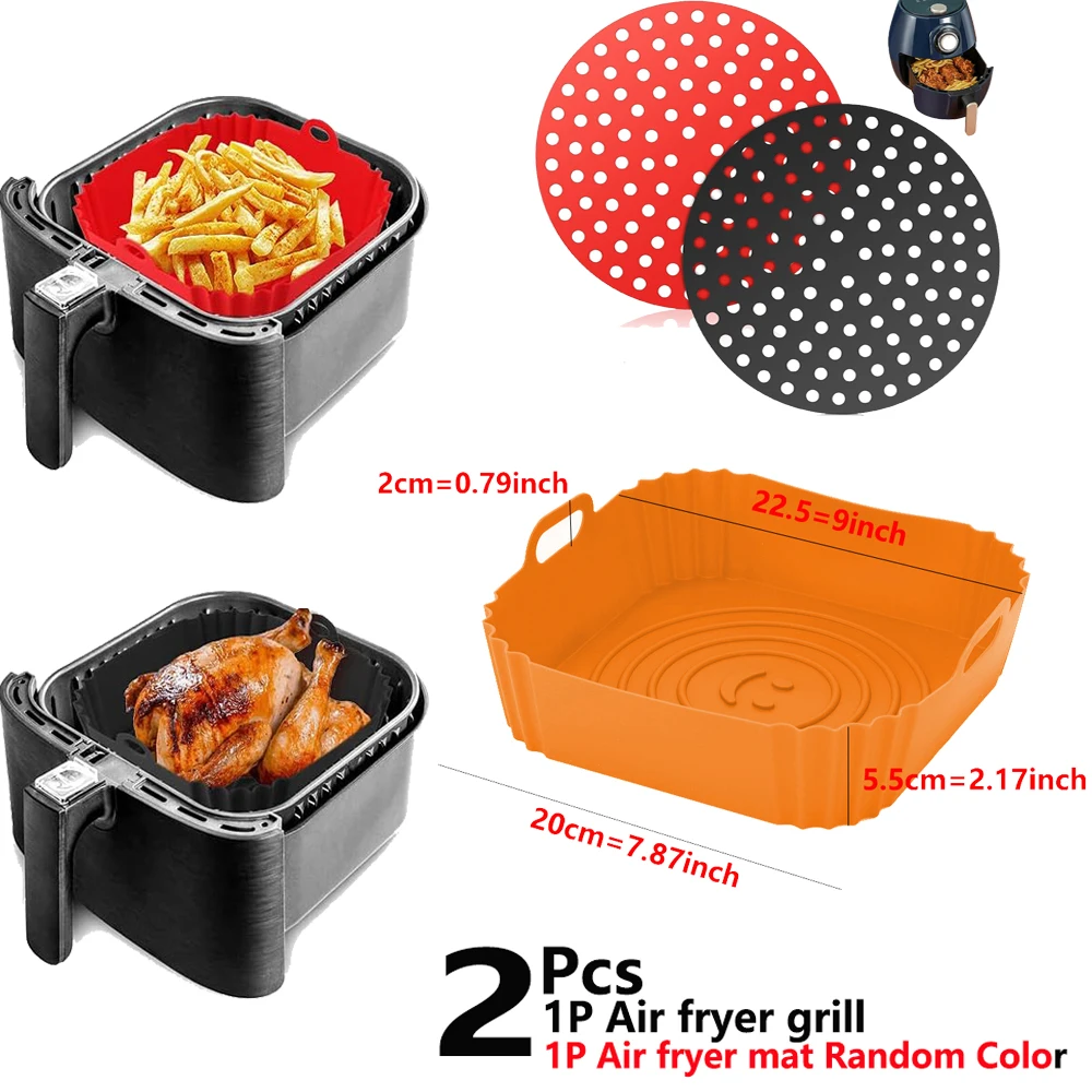 2Pcs Reusable Air Fryer Liners Non-Stick Silicone Mats Resistant Heat Oven Air Fryer Tray Basket for Kitchen Baking Accessories