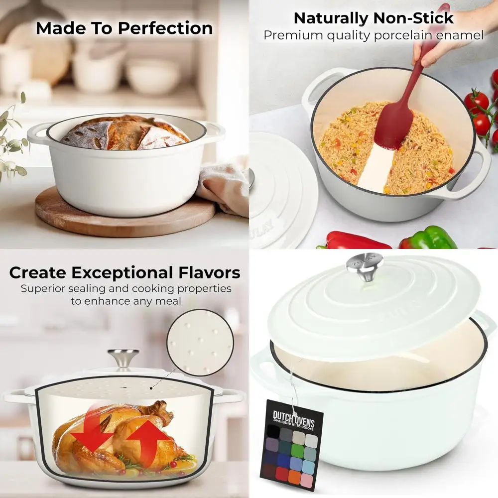 

Enameled Cast Iron Dutch Oven, 7.7 Quart, Oven-Safe to 500°F, Ideal for Baking, Stews, Braising, Roasting, White