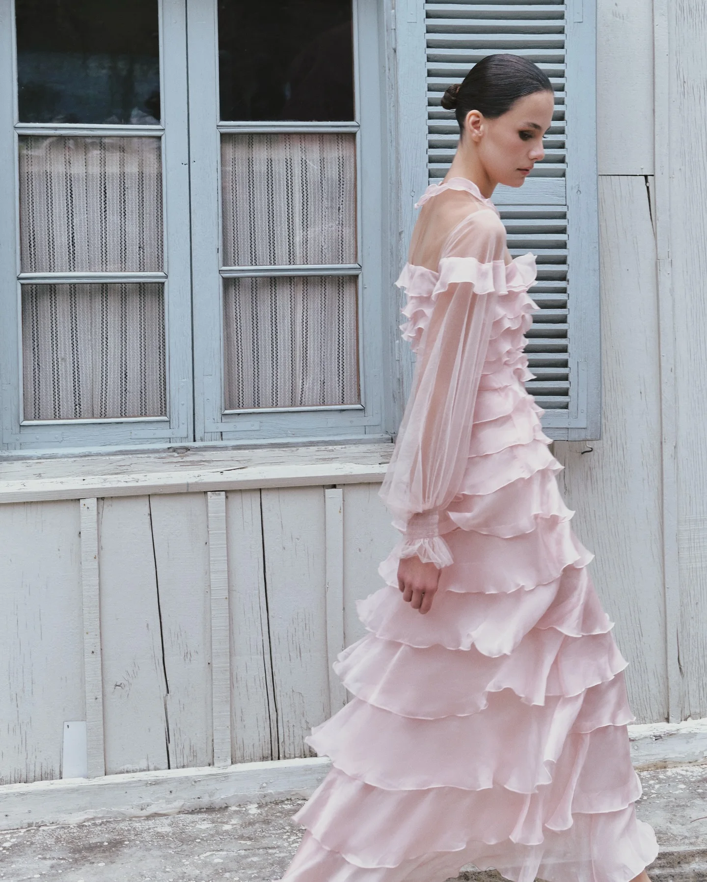 Pink Layered Ruffle Maxi Dress – High Neck, Sheer Chiffon Lace & Lantern Sleeve Flattering, Casual Lazy Style, Retro Versatile