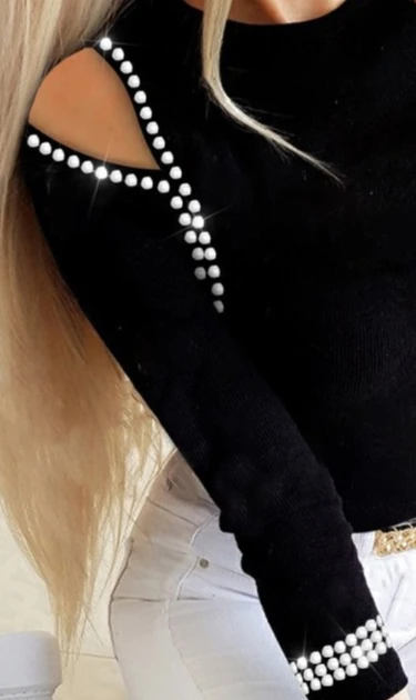 Abbigliamento da donna primavera estate Camicetta cava a maniche lunghe Rheinstone O collo sexy