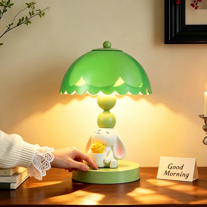 Cute Lop Rabbit Rose Table Lamp Green Scalloped Lampshade Warm Night Light Bedroom Desktop Sweet Ambient Decor Lighting Ornament