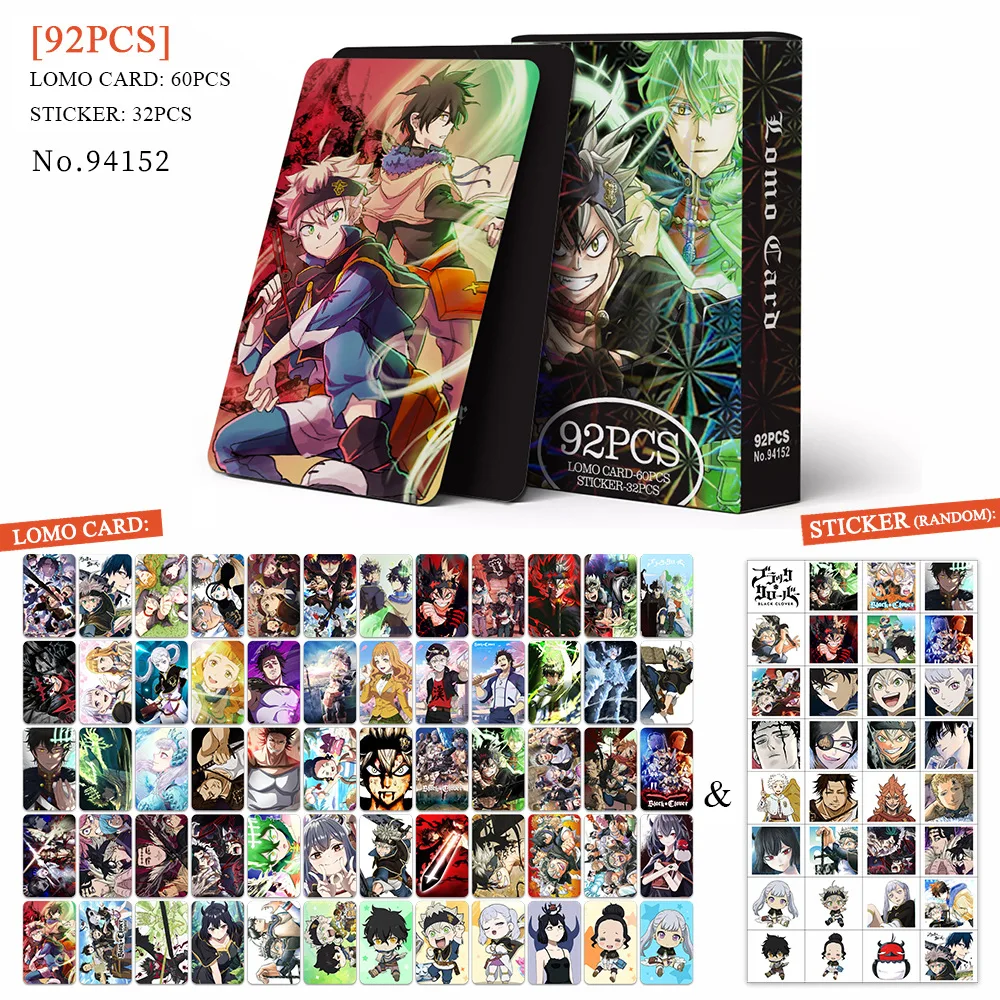 92Pcs/Set Black Clover Series Lomo Cards Asta Yuno Grinbellor Noell Silva HD Printd Photocards And Stickers Collection Gifts