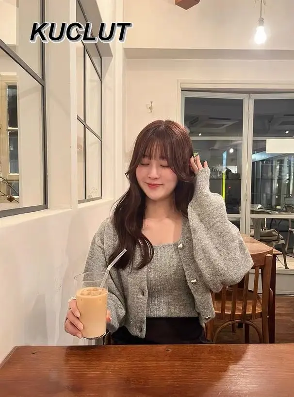 الخريف الشتاء النمط الياباني لامعة قصيرة حبال و محبوك بروتيل سترة قطعتين مجموعات للنساء لطيف الحلو الخريف الشتاء