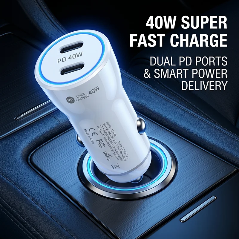 40W Dual USB C Car Charger, Fast Charging PD Type C Auto Adapter with Blue LED Light For Smart Phones & Tablets White For iPhone