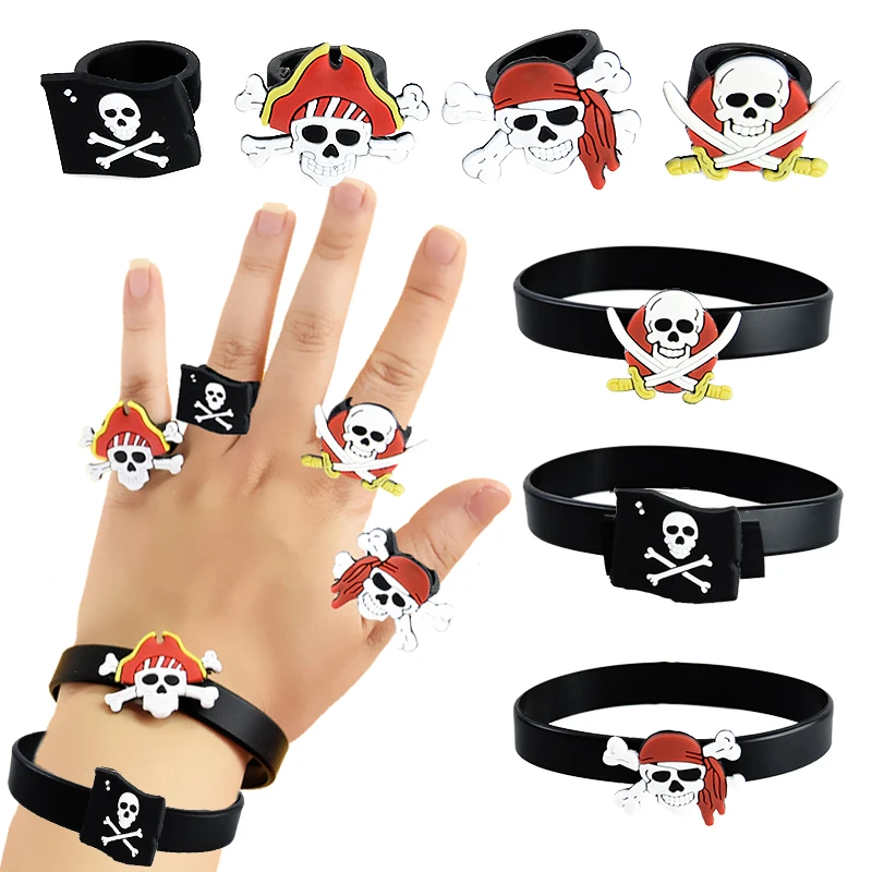 Pirate Party Favors Gift Halloween Pirate Skull Bracelets Ring Wristband  For Kids Caribbean Pirates Themed Birthday Decoration