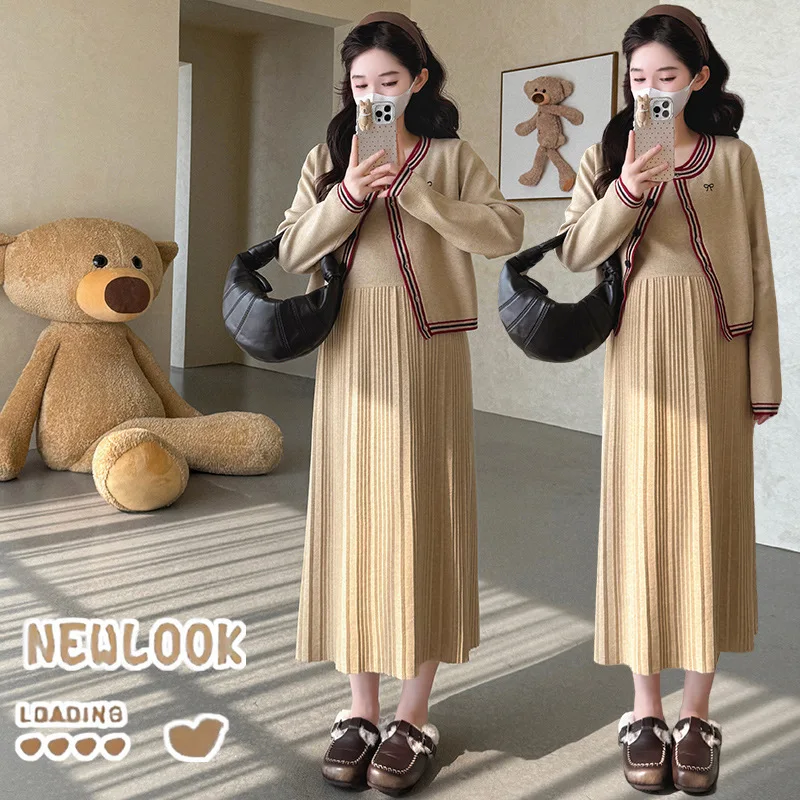 

Maternity Autumn Outfits High End Fashion Knit Dress Set Elegant Cardigan Sweater with Pleated Dress Stylish Mom Two Piece Suit