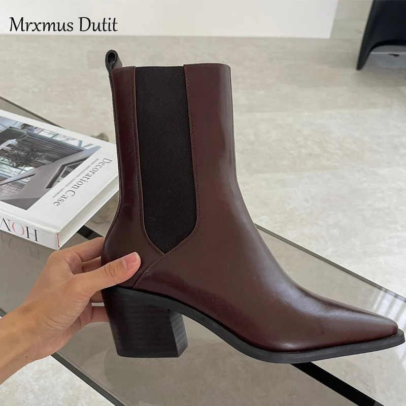 Mrxmus Dutit 2024 Autumn Winter New Women Genuine Leather Pointed Toe Rough Heel Fashion Boots Solid Simple Shoes Female Chic