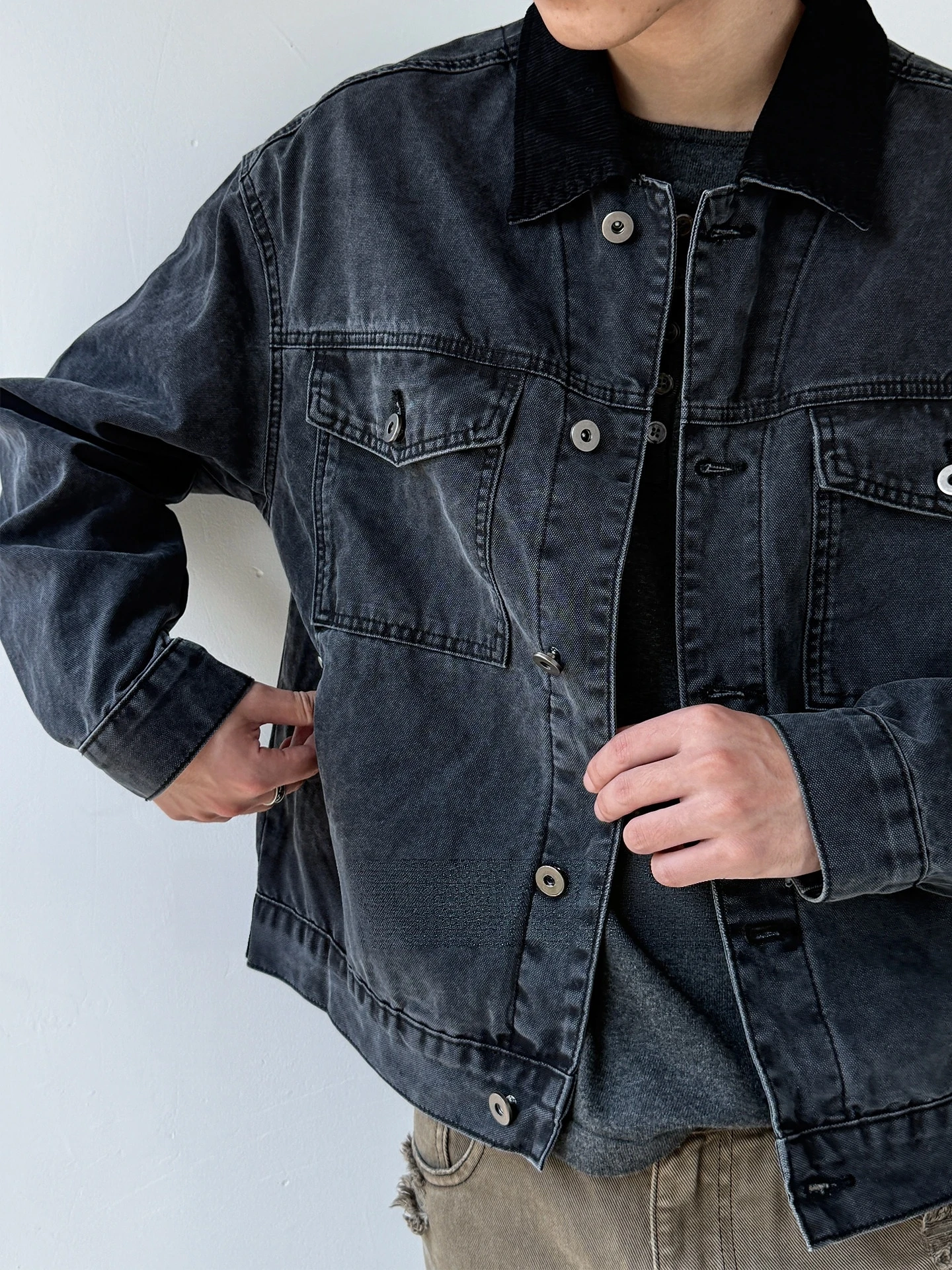 Mens Workwear Denim Jacket Dark Grey Collar Vintage American Loose High Quality Barn Style Trendy Spring Autumn Casual Coat
