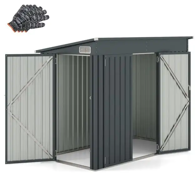 Caseta de Jardín para Herramientas con 2 Puertas, Diseño Inclinado, Ventilaciones, Estructura de Metal Galvanizado, 235x117x185cm, Gris Oscuro