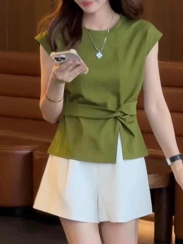 

Свободная футболка ort Sve, женская летняя футболка больших размеров с утягивающей талией, модный топ Quali Japanese Sle 2025