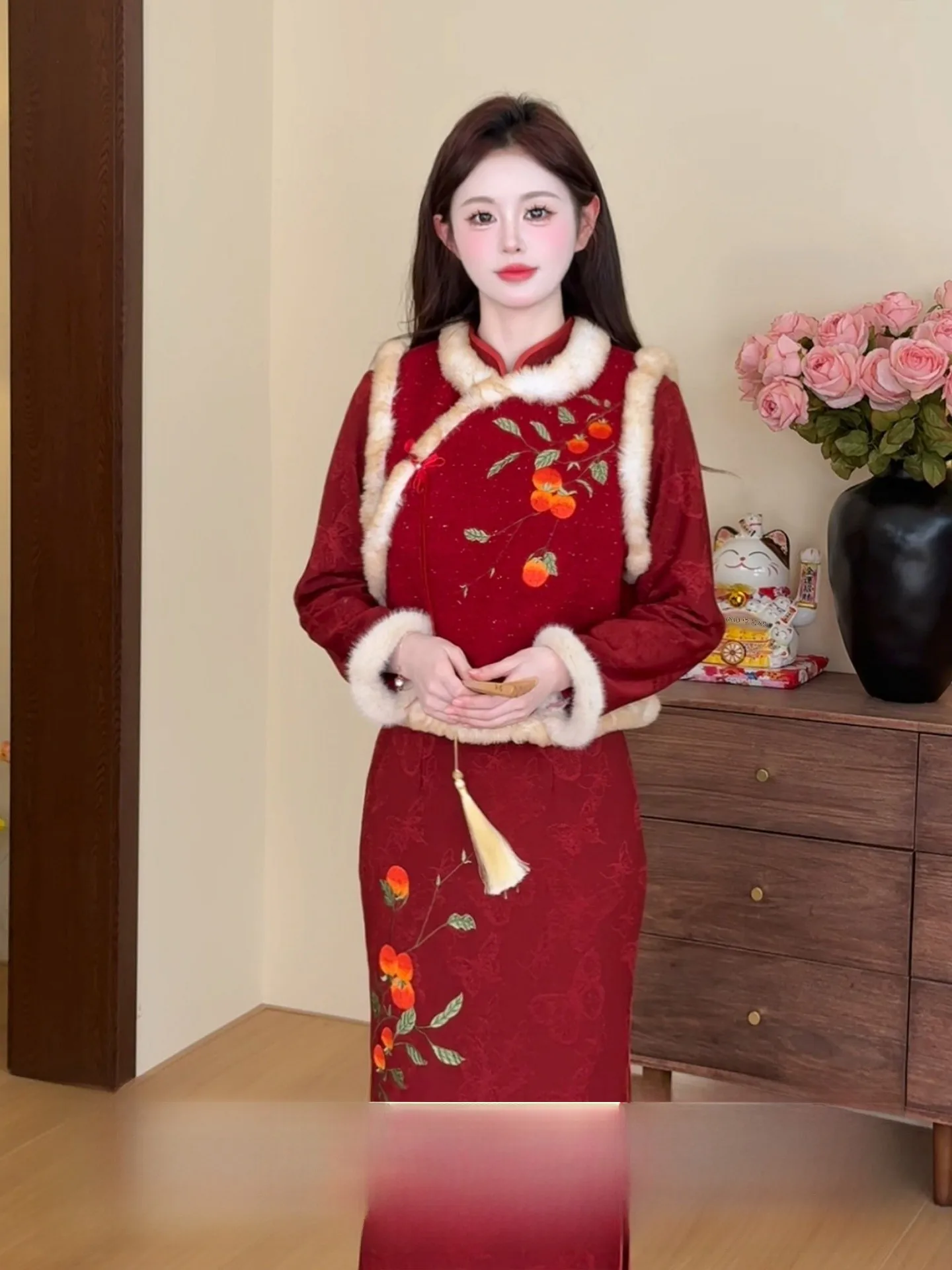 

New Chinese Sle Embroidered Fce Lined Vest And Dr Set Women's Faion Winter Outfit round Ne Long Sve Loose Fit