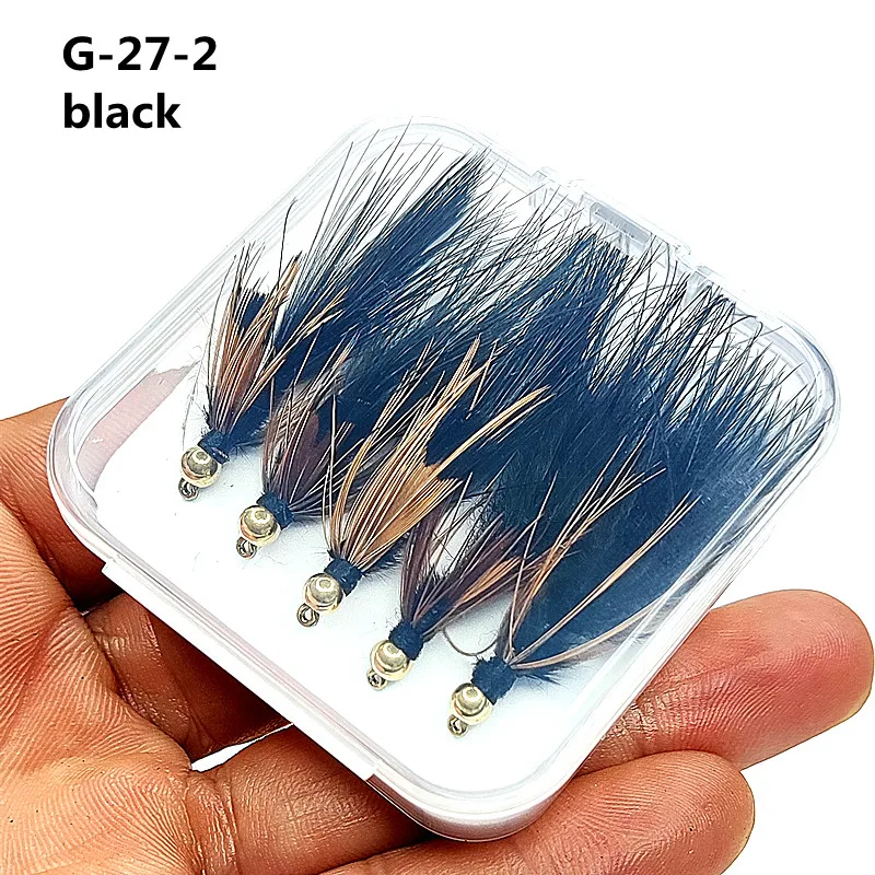 5 pz Woolly Bugger Stelle filanti Esche da pesca a mosca Testa di perline in ottone Nero/Marrone oliva Nappa - Trota Salmone Trota Pesce persico pesca a mosca