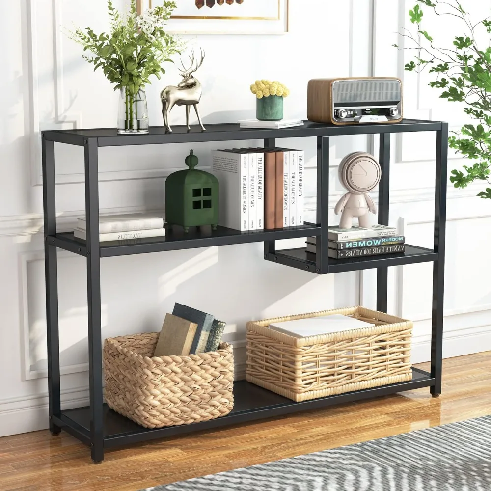 

Console Table, Small Black Entryway Table with Storage Shelves, Vintage Entrance Table Behind Couch Table