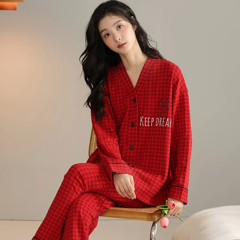 Red Swallow Gird Pajamas Set Women Long Sleeves Long Pants Autumn Winter Sweet Pyjamas Girl Pijamas Soft Cute Sleepwear Cozy Pjs