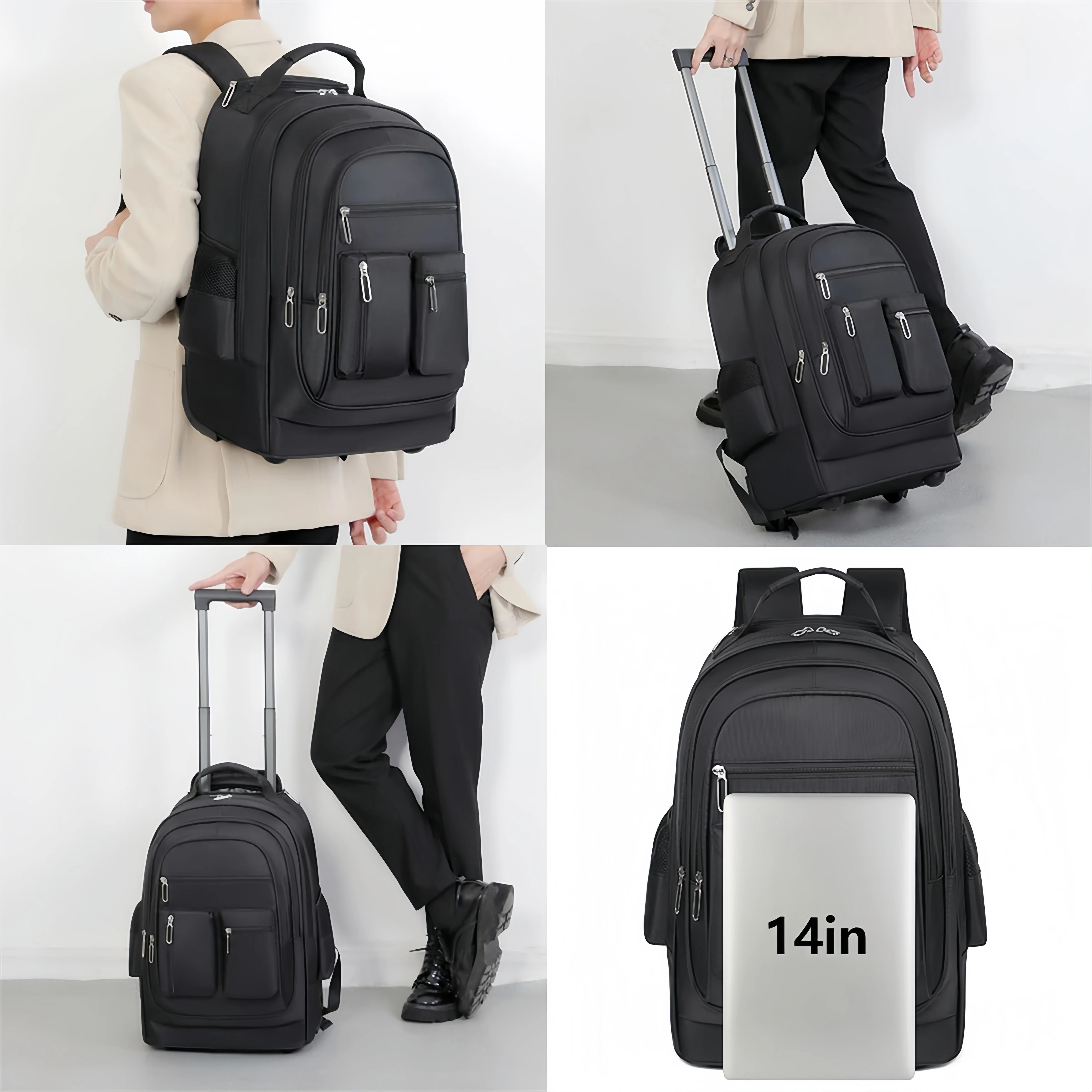 Wheeled Backpack, 20 inch Laptop Backpack with Wheels Travel Rolling Bag Large Capacity, Trolley Luggage, Carryon Suitcase, Business, Compact, Black
