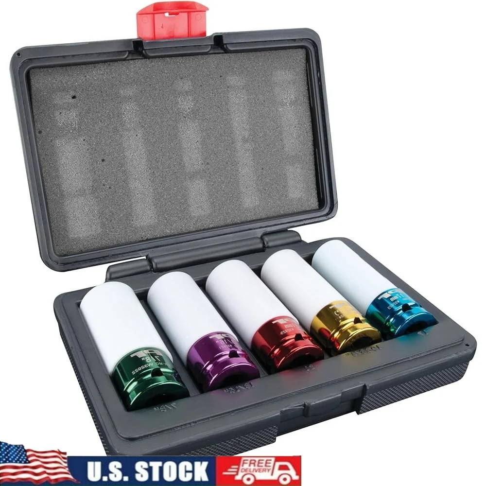 

5pc Impact Socket Set 1/5 Inch Drive Metric SAE Non-Marring Protective Wheel Lug Tool Hollow Design Color-Coded Easy