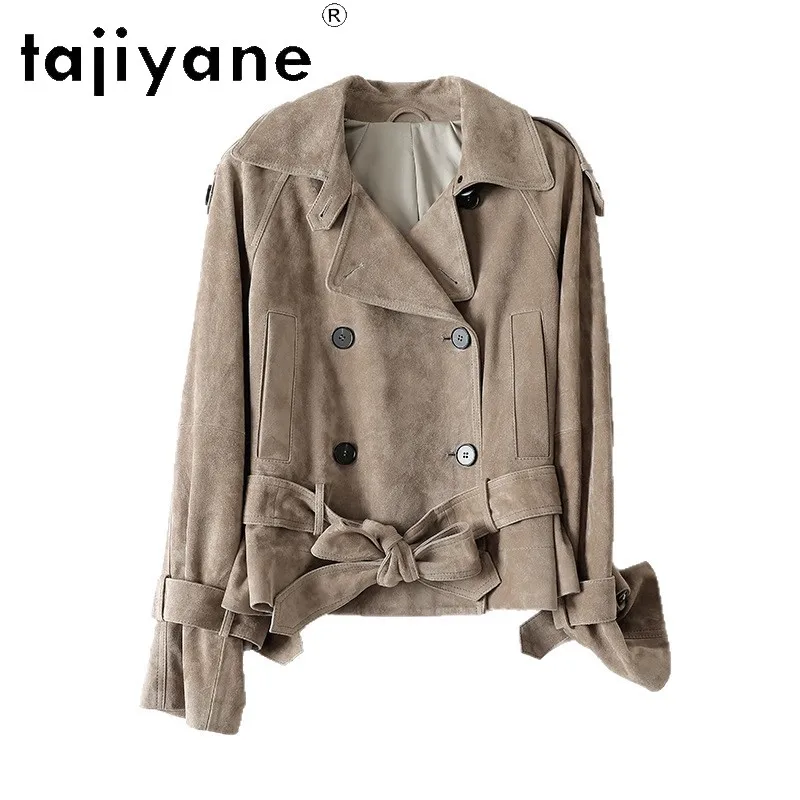 TAJIYANE Genuine Leather Jacket Women Outerwear Sheepskin Suede Leather Coat with Belted Cropped Jackets Old Money Style Косуха