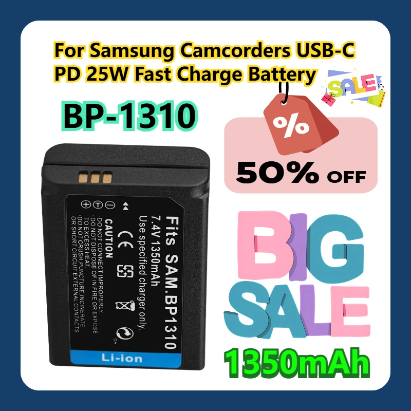 

For Samsung Camcorders USB-C PD 25W Fast Charge Battery BP-1310 1350mAh Battery