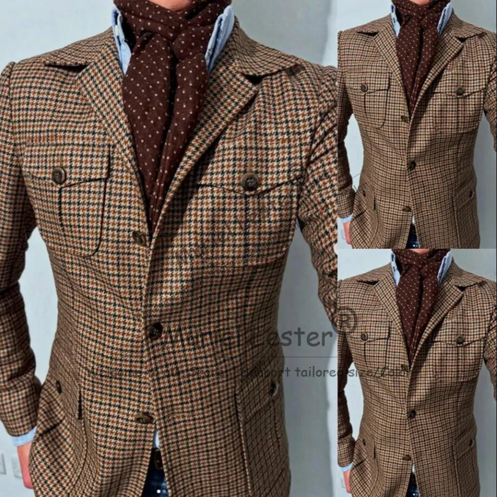 Vintage houndstooth terno masculino jaquetas 1 peça único breasted tweed trench coat outfits inteligente casual baile de formatura blazer estilo safari