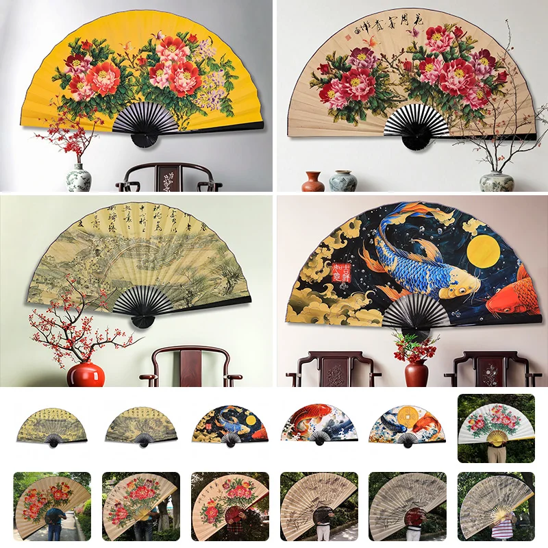 Chinese Vintage Large Painting Hanging Fan Traditional Craft Fan Folding Decorative Paper Fan for Office Hall Home Living Room
