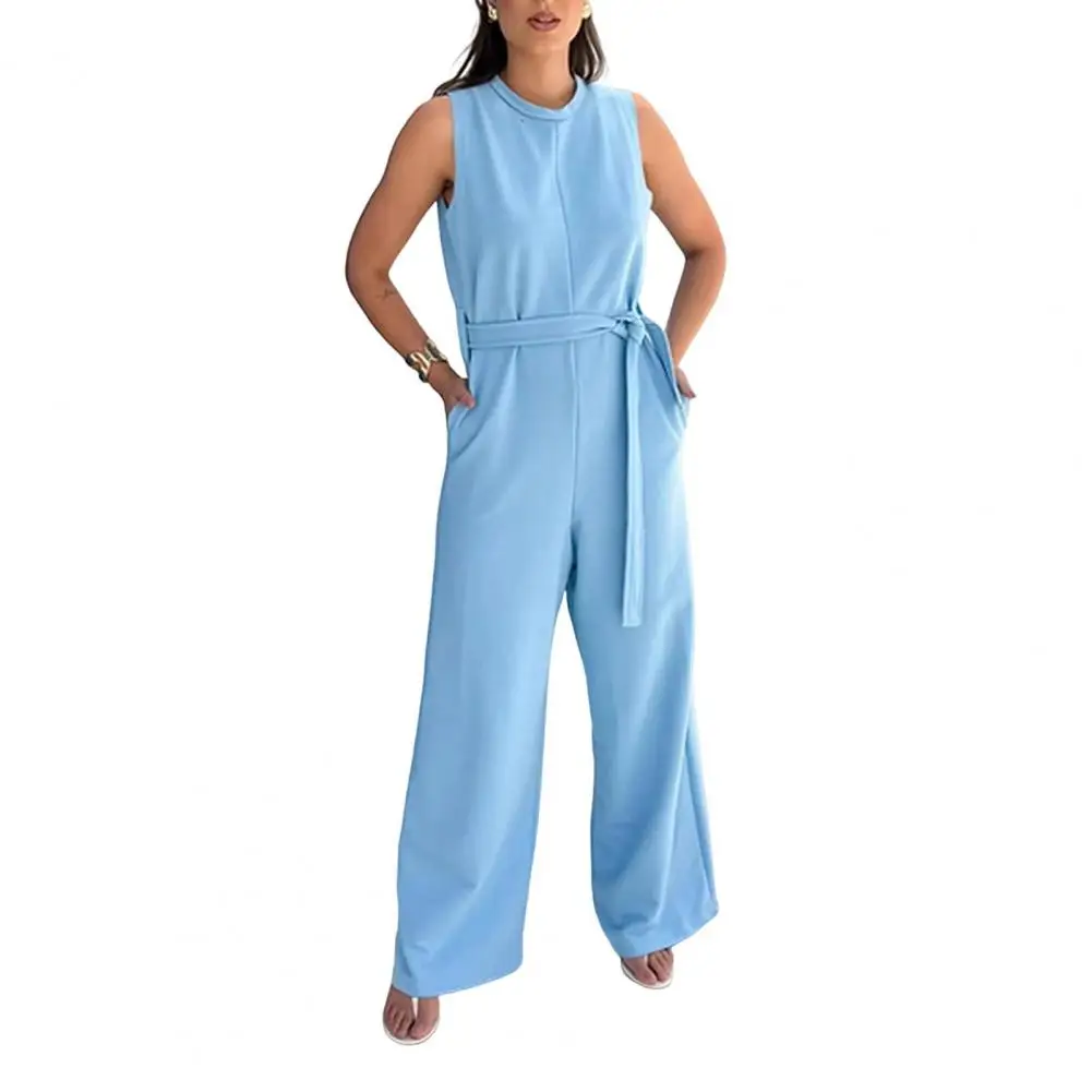 Women Commuting Jumpsuit Loose Solid Color Wide Leg Sleeveless Belted High Waist Jumpsuit O Neck Full Length One-piece Outfit fo