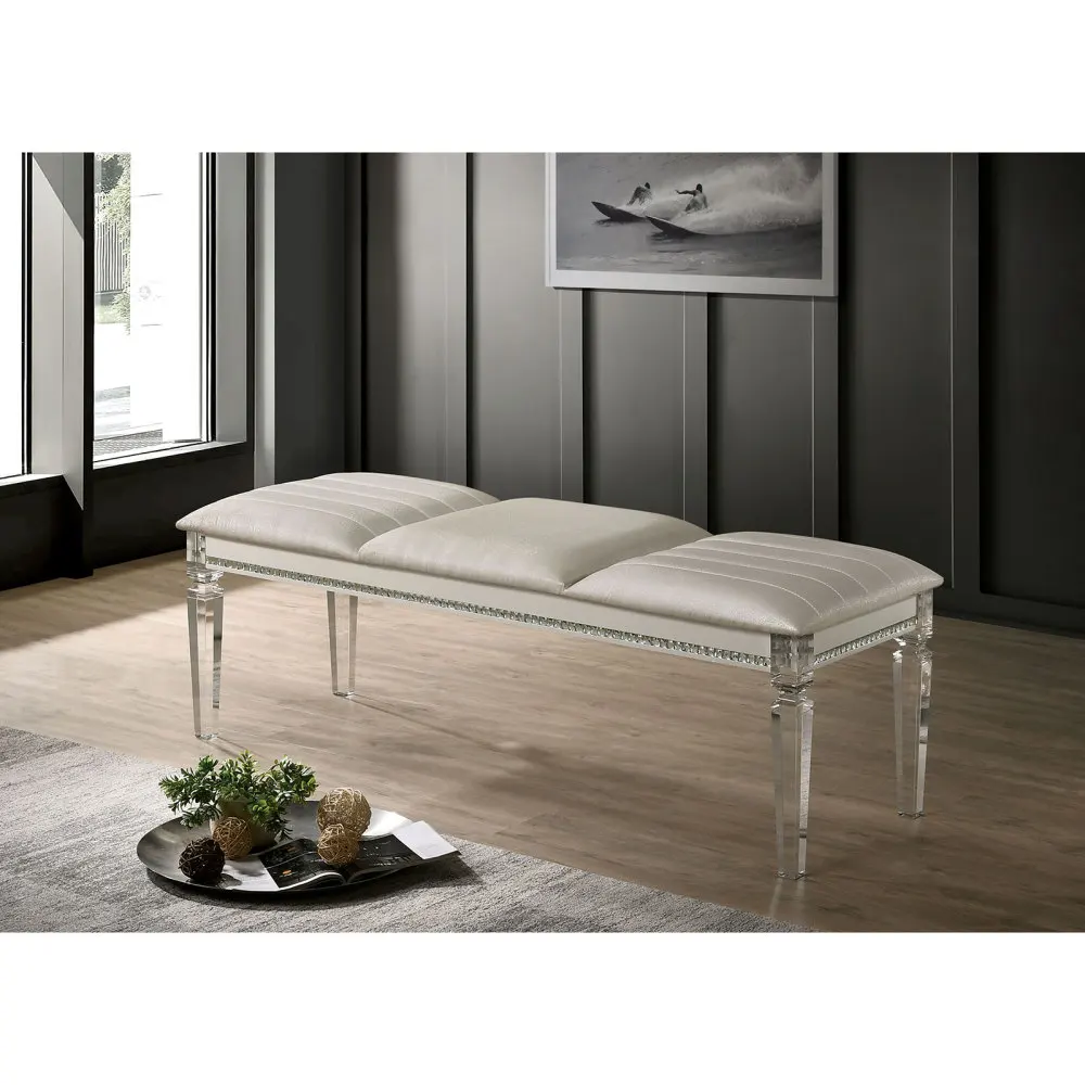 

Antique Classic Pearl White 1pc Bench Only Contemporary Solid Wood Acrylic Legs Crystal and Mirror Accent