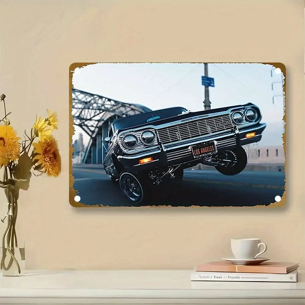 Vintage Low Rider Car Metal Tin Sign -  Retro Iron Wall Art with Chrome Accents,Rusted Edges, Indoor/Outdoor Decor for Garage, f