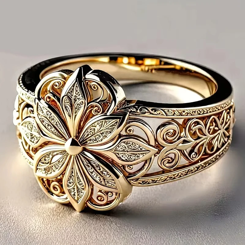 

Huajie Gold/Silver Colors Vintage Hollowed Out Palace Small Fresh Flower Rings for Women Elegant Banquet Ladys Rings Jewelry