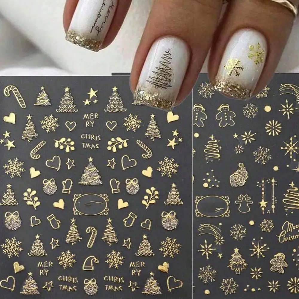 2Pcs 3D Gold Christmas Nail Art Stickers Xmas Tree Snowflakes Elk Bell Candy Cane Gingerbread Nails Decals Winter Manicure Decor