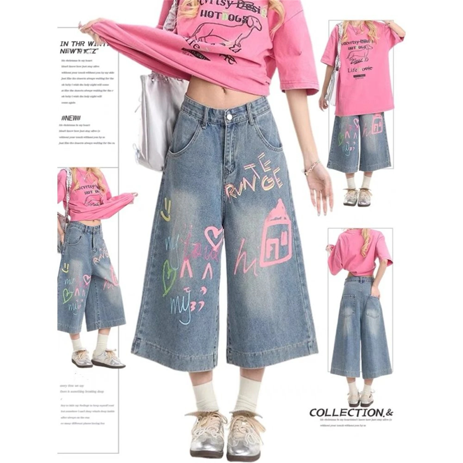 Y2K Women's Vintage Wide Leg Cropped Jeans Colorful Graffiti Print Casual Streetwear Denim Pants with Heart & House Patterns