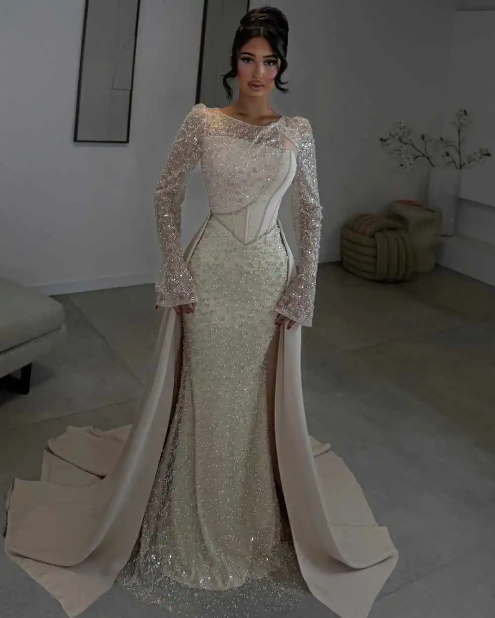 Customized Intricate Jersey Sequined Pattern Pleat Mermaid Jewel Long Celebrity Evening Dresses Sparkle Formal